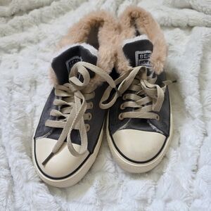 Beige and Gray Fur-Lined Sneakers